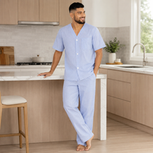 Charger l'image dans la galerie, Ensemble de pyjama pour homme en popeline à carreaux marine et blanc
