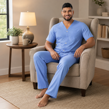 Charger l'image dans la galerie, Ensemble de pyjama pour homme en popeline à carreaux marine et blanc
