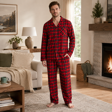 Charger l'image dans la galerie, Ensemble de pyjama en flanelle de coton à carreaux boutonnée pour homme
