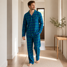 Charger l'image dans la galerie, Ensemble de pyjama en flanelle de coton à carreaux boutonnée pour homme
