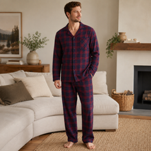 Charger l'image dans la galerie, Ensemble de pyjama en flanelle de coton à carreaux boutonnée pour homme
