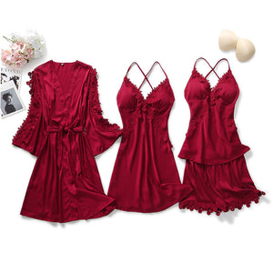 4 Piece Burgundy Silk Nightgown With Cover Up & Short Set