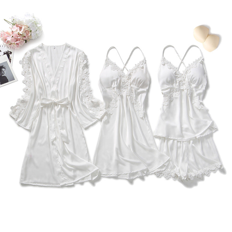 4 Piece White Silk Nightgown With Cover Up & Short Set – Pajamas Canada