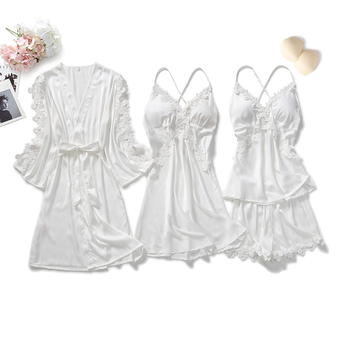 4 Piece White Silk Nightgown With Cover Up & Short Set